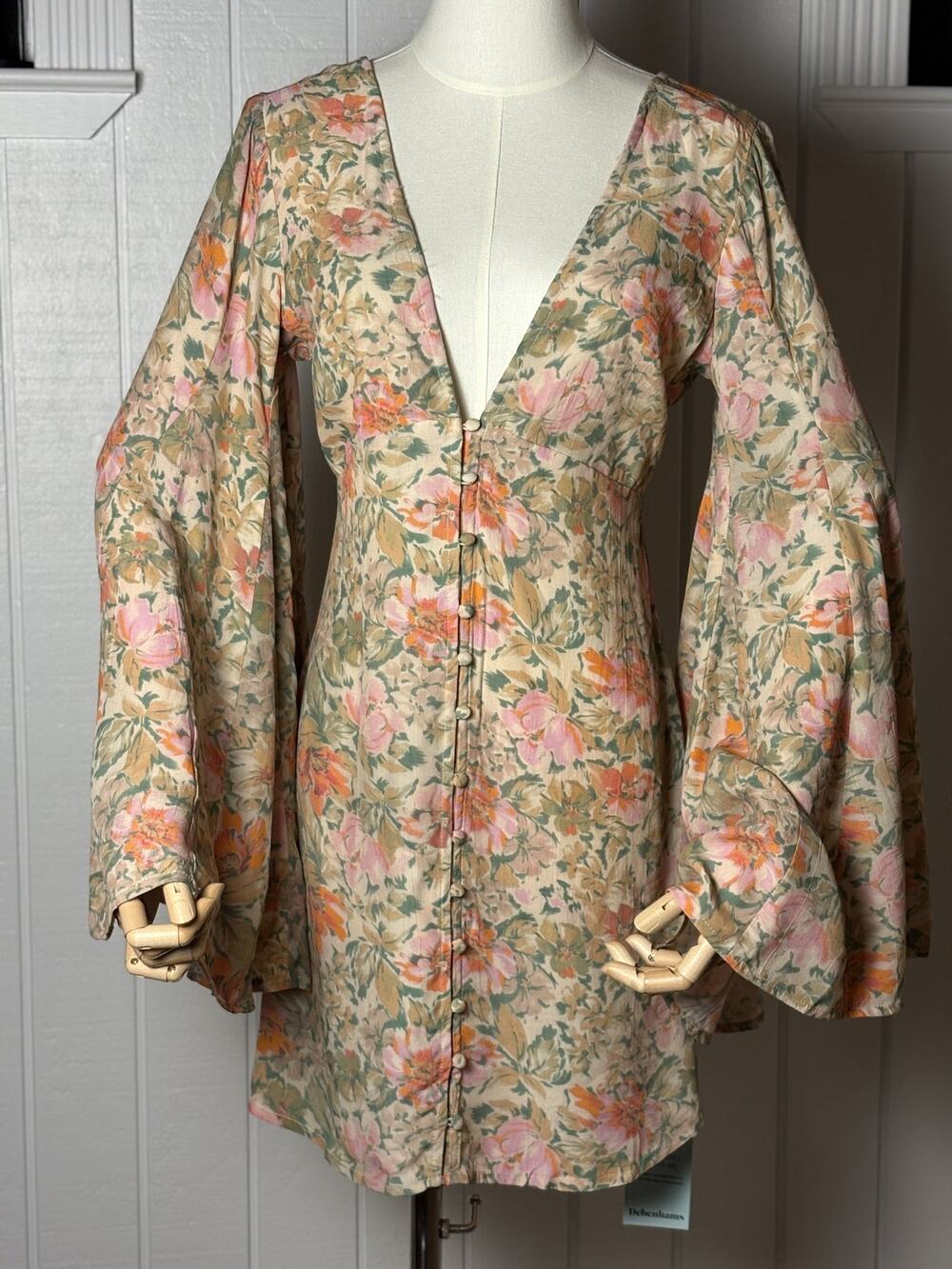 Nasty Gal NWT Floral Mini Dress Size 2 70's Boho Bell Sleeve Open Back